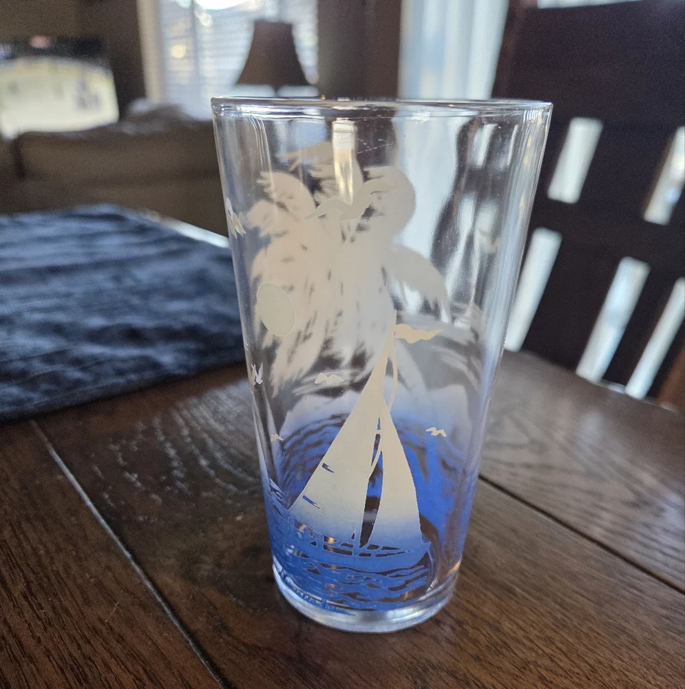 Mid Century Federal Glass Blue Ocean Sailboats & Palm Trees 8oz Glass